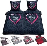 Niceprice 4 teilig Microfaser Partner Bettwäsche 2X 135x200 2X 80x80 cm, Schwarz Grau All You Need is Love