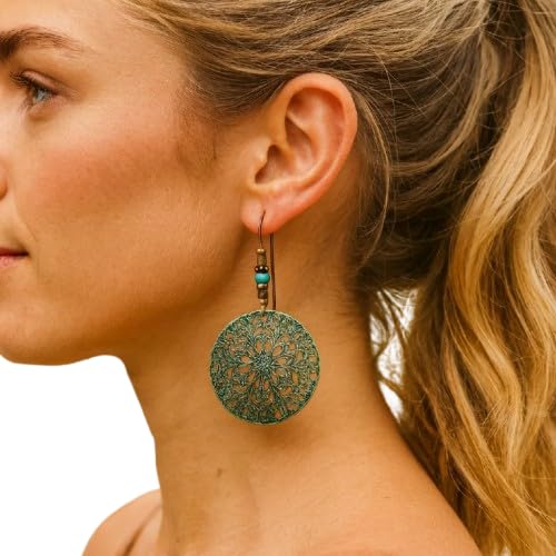 ⊹⊱★✿ LANGE GROSSE PATINA MANDALA SCHEIBE IN BRONZE MIT XL HAKEN UND KOKOS & HOWLITE PERLEN wunderbare Ohrringe in bronze, hellblau und braun