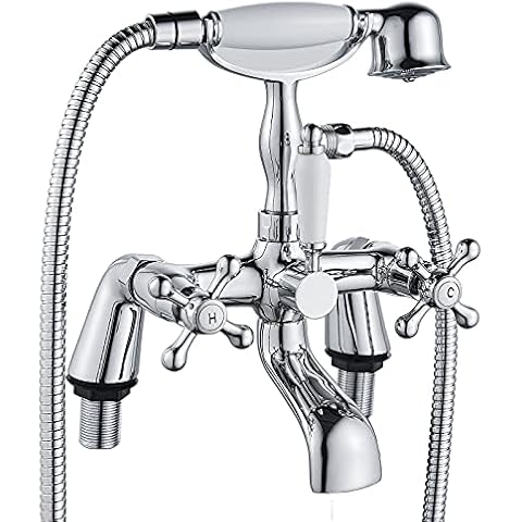 Victorian Bath Taps with Shower,Luckyhome Traditional 1/4 Turn Dual Lever Bathroom Tub Tap Mixer,Chrome Cover
