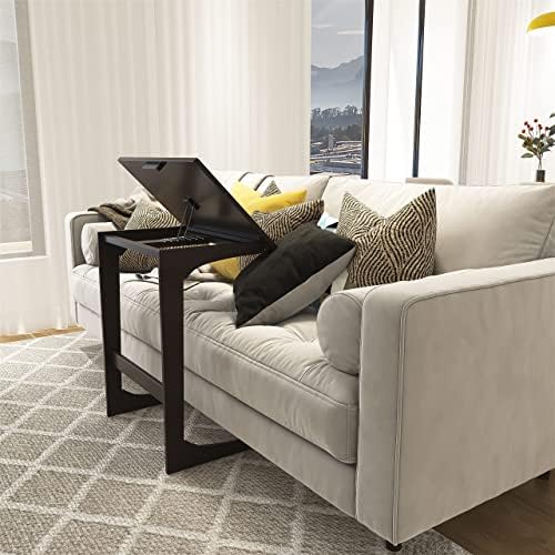 SMIBUY Sofa Couch Table | Bamboo TV Tray | Adjustable C Shaped Table | End Table | Coffee Snack Desk with Tilting Top for Living Room, Bedroom, Home Office (Dark Brown)