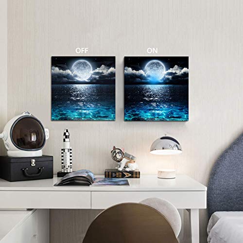 Moon Decor Led Wall Art - Seascape Picture Ocean Bathroom Decorations Office Kids Room Dorm Modern Abstract Prints Poster Moonlight Lighted Painting Space Canvas Giclee Artwork 11.6X11.6Inch Framed #TOP2