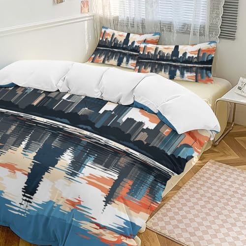 QMNALP 3-Piece King Sheet Set - Thickened & Soft,Cute Comforter Shrinkage & Fade Resistant,Easy Care Chicago Skyline Printed Bedding Sets