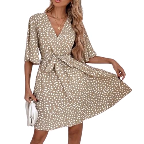 BSLVWG Damen Maxi Kleid Rüschen Blütenblatt Kurzarm V-Ausschnitt Floral Flowy Sommer Strand Urlaub Sundress Casual Langes Kleid (DE/NL/SE/PL, Alphanumerisch, M, Regular, Regular, Khaki-1)