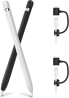 AHASTYLE Funda de Silicona Antideslizante para Apple Pencil de 1.ª Generación [Añadir Accesorios del Adaptador de Cable] Carcasa Compatible con Apple Pencil 1.ª Gen (2 Pack,Negro+Blanco)