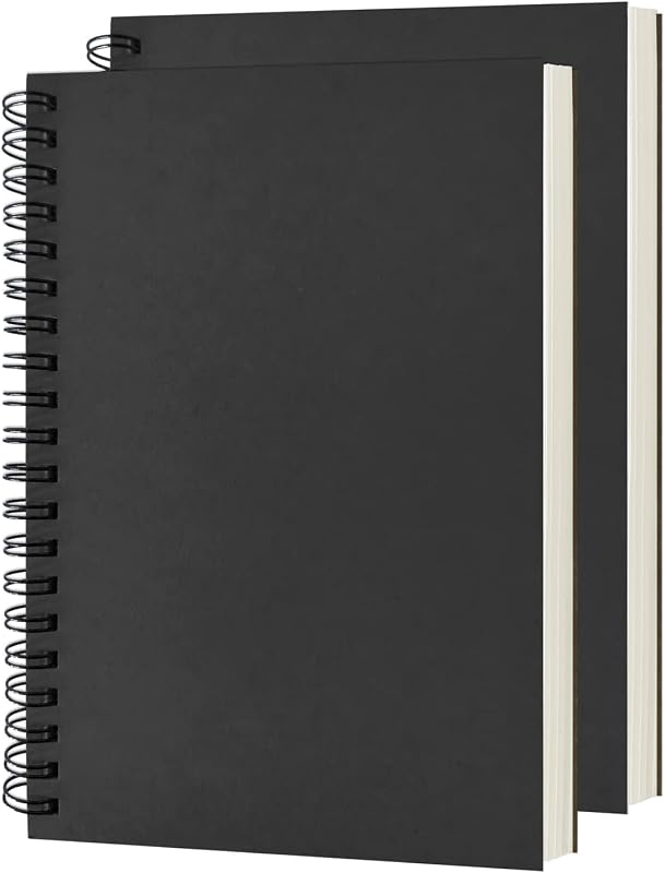 DSTELIN Cuaderno espiral en blanco, paquete de 2, cubierta suave, cuaderno de bocetos, 100 páginas/50 hojas, 7,5 pulgadas x 5,1 pulgadas, 100GSM, (negro)