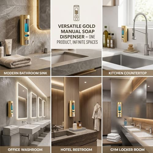 Image of Wall-Mounted Soap Dispenser 400ml with Adhesive Hook, No-Drill ABS Plastic Dispenser for Kitchen, Bathroom, Hand Wash, Shower Gel, Sanitizer Capsule Design Gold