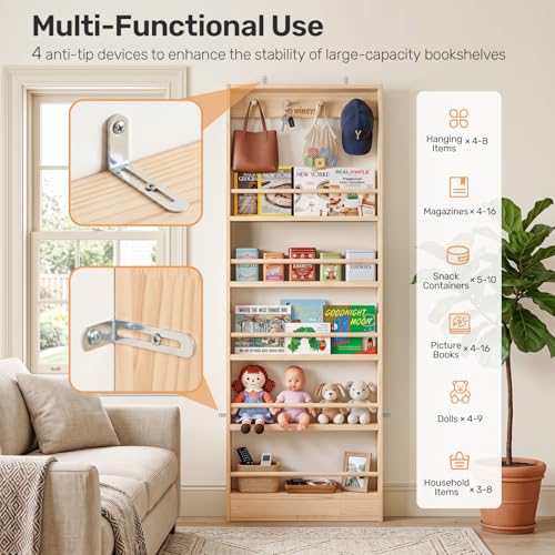 WINGYZ Wooden Kids Bookshelf, Wall Mount Shelf with Hooks, Behind-The-Door Organizer for Toys and Books,Space-Saving Suitable for Bedroom, Living Room, and Kids Playroom(Nature) - Image 4