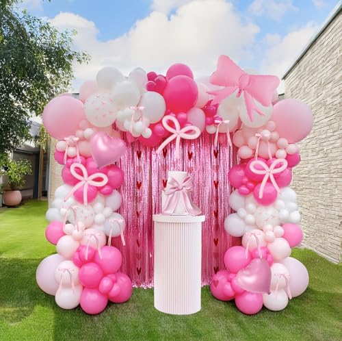 Coquette Birthday Decorations Decor 121Pcs Coquette Bow Pink and white Balloon Garland Arch Kit magenta Pastel Pink Balloons and Heart bow Mylar balloons for Girl Birthday Party Decorations