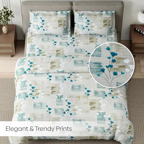 Image of Haus & kinder Double Bedsheet for Queen Size Bed | 90 x 100 Inches 144 TC Cotton Bedsheet for Double Bed with 2 Pillow Covers - Aqua Meadow Blue