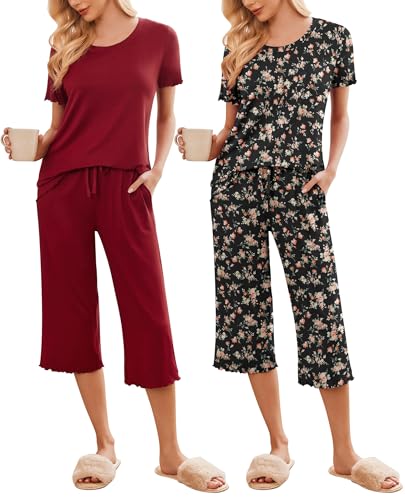 Image of Ekouaer 2 Pack: Women's Pajamas Set Short Sleeve Sleepwear Capri Pants Pjs Soft Loungewear with Pockets