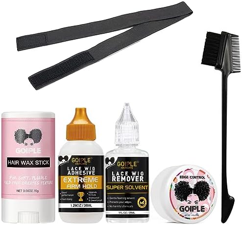 Wig Glue 1.34OZ, Waterproof Lace Front Wig Glue for Wigs with Tools and Hair Wax Stick (Wig Glue/Wig Glue Remover/Hair Wax Stick/Edge Control Wax/Elastic Band/Hair Dual Drush)