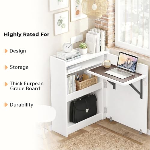 Image of Klaxon Foldable Study Table with Drawer & Storage Shelf | Compact Desk for Home & Students | Folding Design with Lockable Wheels. (Black, DIY Installation) (White, Heli)