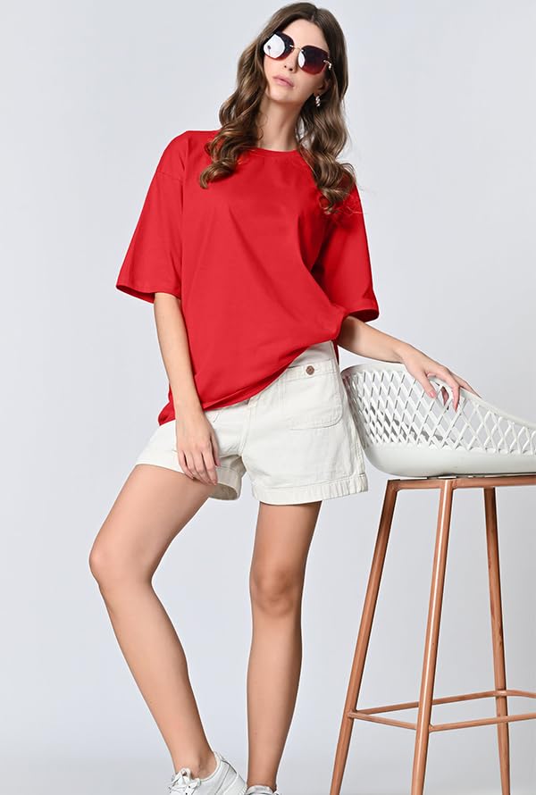 Image of Oversized Baggy Fit Drop Shoulder Half Sleeves Round Neck Solid Pure 100% Cotton T-Shirt for Women (Available in White, Black,Navy Color)