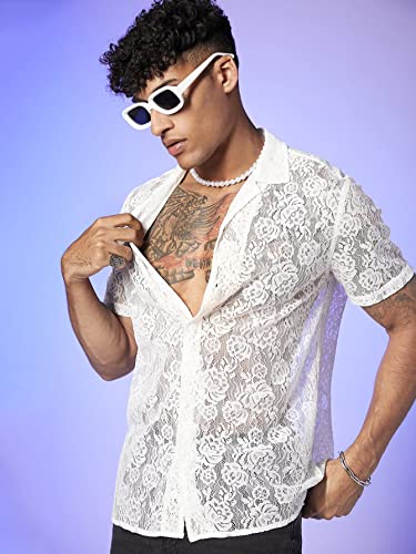 WDIRARA Men's Floral Lace See Through Button Front Short Sleeve Shirt Summer Tee Top4