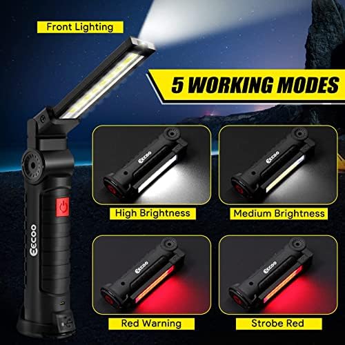Work Light Rechargeable, LED Flashlight Lantern Inspection Lamp Spotlight Super Bright Torch Portable IP65 Waterproof Camping Light 3W COB LED Lamp Magnetic Base Hanging Hook, Household Workshop