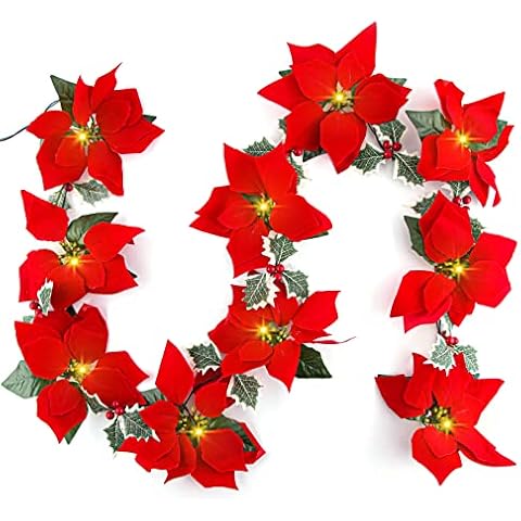 Poinsettia Christmas Garland String Lights with Red Berries and Holly Leaves, 6.5ft Pre-Lit Artificial Poinsettia Flowers for Christmas Thanksgiving Holiday Party Decor, Battery Operated, 1 Pack Cover