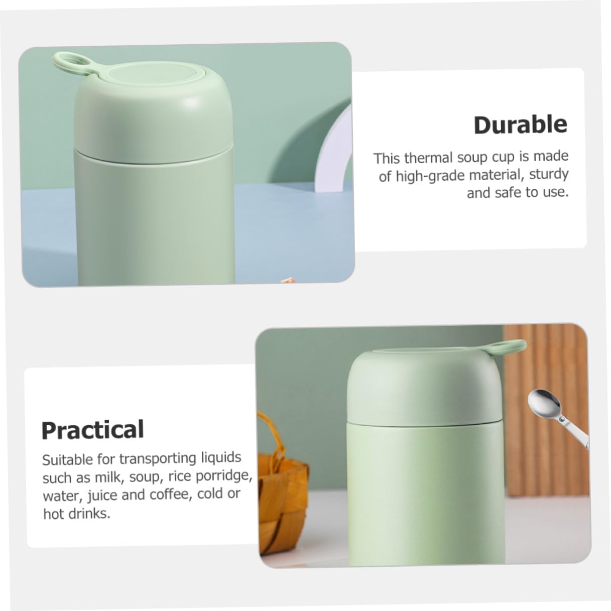 SHINEOFI Insulated Soup Cup with Foldable Spoon 500ml Thermal Food Jar Leakproof Portable Vacuum Lunch Container for Students and Office Workers Green