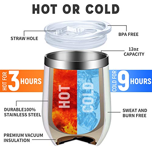 Qiub Wine Tumbler Cups Gifts For Women 12 Oz Mug With Lids Tumblers Water Glasses Coffee Cocktails Champaign Champagne Stainless Steel Stemless Insulated White-2Pack 4 Piece Set #TOP1