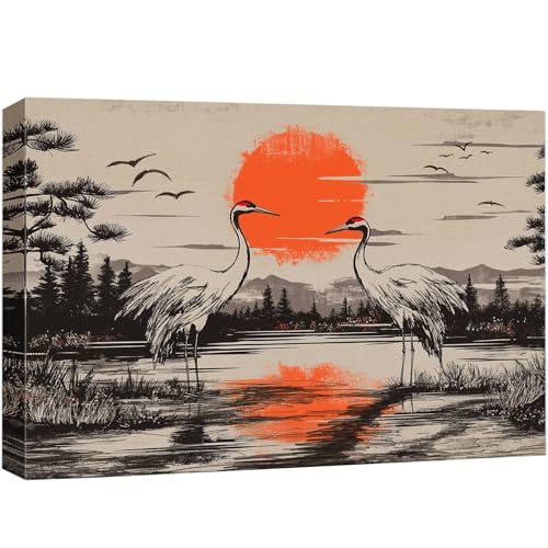 wall26 Canvas Print Wall Art Cranes at Sunset by the Lake Oriental Illustrations Fine Art Decorative Vintage Watercolors Pastel Multicolor Zen for Living Room, Bedroom, Office - 24"x36"