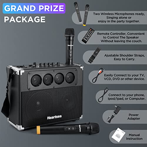 Heartsea Portable Speaker With Microphones Bluetooth Karaoke Machine Rechargeable Battery Outdoor Speaker Pa System Multihorn Speakers Compatible With Phone/Tv/Computer/Line In/Guitar/Tws #TOP5