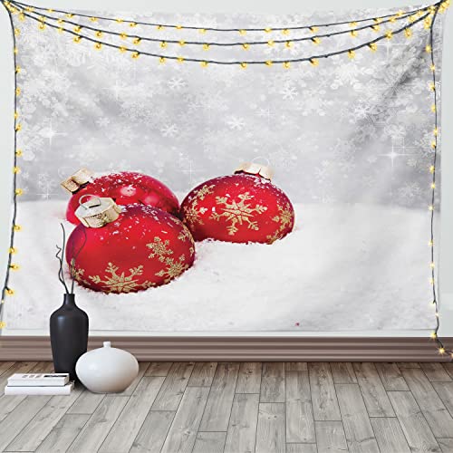 ABAKUHAUS Weihnachten Wandteppich & Tagesdecke, Kugeln auf Schneeflocke, aus Weiches Mikrofaser Stoff Wand Dekoration Für Schlafzimmer, 150 x 110 cm, rot-Weiss