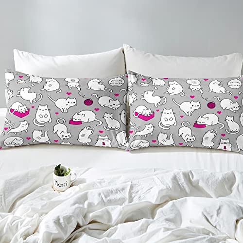 Erosebridal Cute Cat Fitted Sheet Set For Girls,Cartoon Cat Bed Sheets Twin Size Pink Heart Bed Cover Kawaii Pet Bedding Set,Lovely Animal Theme Fitted Sheet Set,White Grey Room Decor 1 Pillowcase #TOP3
