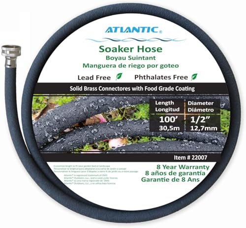 Atlantic Manguera de remojo de 1/2 pulgada x 100 pies, conectores de latón macizo con revestimiento de grado alimenticio, mantiene tus plantas saludables