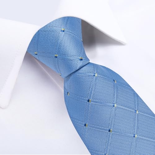Image of DiBanGu Mens Silk Plaid Tie and Pocket Square Set | Elegant Silk Formal Tie Set, Woven Check Necktie and Cufflinks Tie Clip Set, Perfect for Wedding Party, Comes in Gift Box