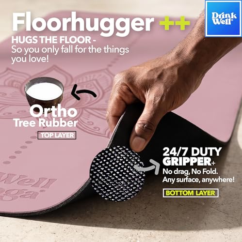 Image of Drinkwell Combat PU Natural Latex Yoga Mat Non-Slip with Alignment Lines - 6MM thick Eco-Friendly Rubber Grip Anti-Skid Exercise Mat for Balance, Stability & Joint Support | Stay locked in place during hot yoga, HIIT, or intense flows| Yoga Matt for Men & Women | Exercise Mat 61x181cm (Combat Lotus Pink)