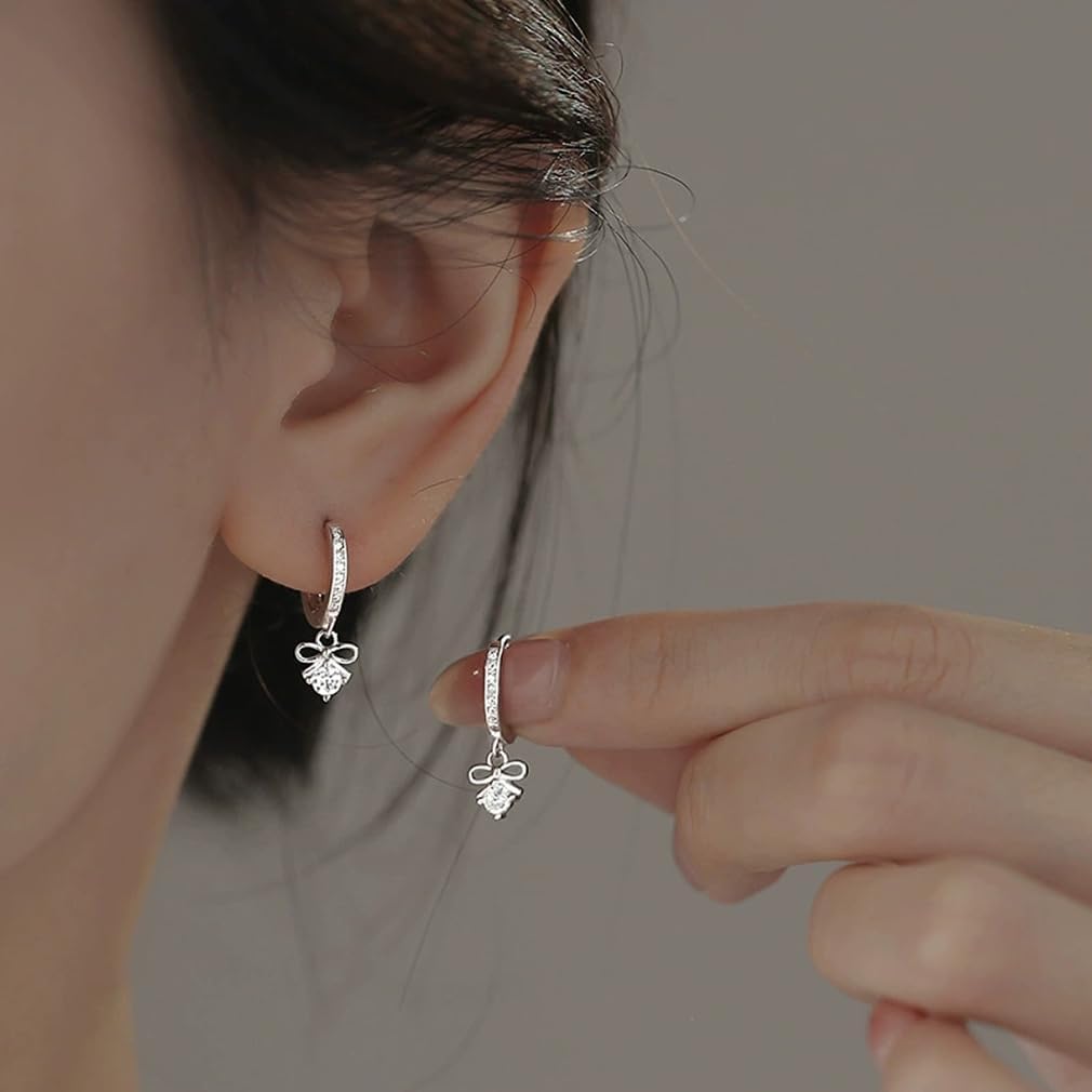SLUYNZ Sterling Silver CZ Bowknot Hoop Earrings for Women Teens Small Bow Hoop Earrings Huggie Drop - Image 2