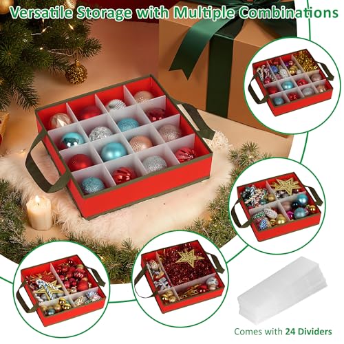 Merkisa Christmas Ornament Storage Box, Ornament Storage Include 4 Trays with Adjustable Dividers, Ornament Organizer with Handle Store Up to 64 Holiday Ornaments, Red by Merkisa - Image 5