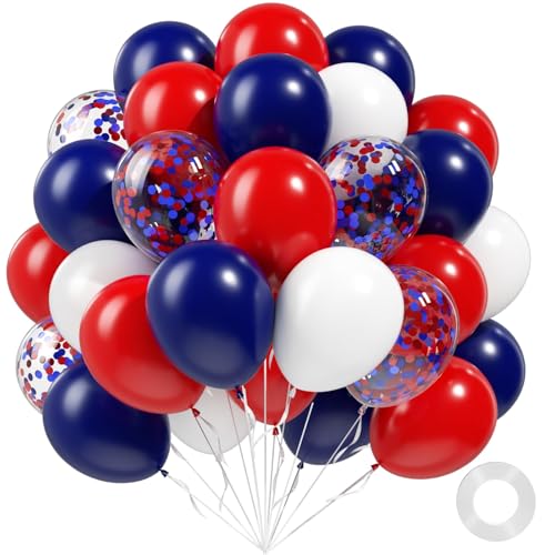 Image of 60pcs Red White and Blue Balloons 12inch, Navy Blue Confetti 4th of July Balloons for Fourth of July Graduation Birthday Party Decorations