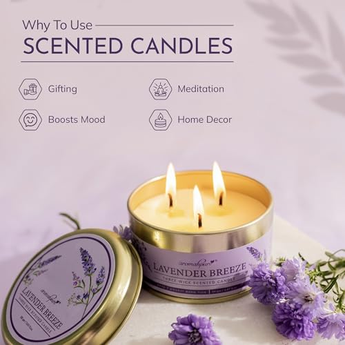 Image of Aromahpure Lavender 3 Wick Candle in Container with Lid | 85g | Burn Time 7 Hours | Scented Candle | Relaxing Aromatherapy Candles for Home Decor, Gifting, Bedroom & Spa