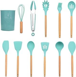 Hoshen - Utensilios de cocina de silicona con mango de madera, 12 piezas, utensilios de cocina antiadherentes, espátula de silicona resistente al calor, color verde