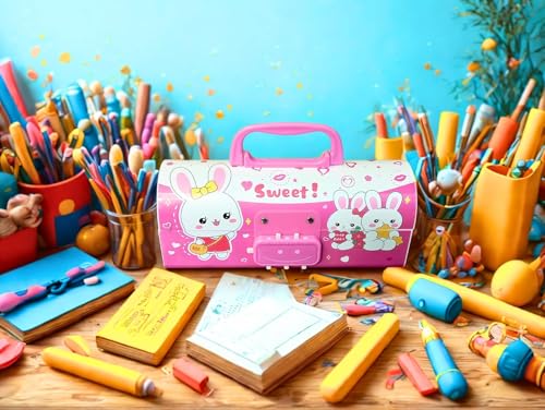Image of Invite New Cartoon Theme Pencil Box with Push Pull Eraser Set for Kids | Suitcase Style Password Lock Stationery Organizer | School Supplies Gift Combo for Boys & Girls (Sweet Pink + Eraser)