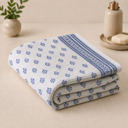 Image of Pure Cotton Printed Waffle Towel | Lightweight | Antimicrobial and Water Absorbent | Soft Touch Quick-Drying Bath Towels (Indigo Buti, Pack of 1)