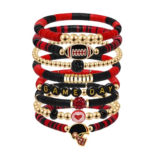 Artlunar Game Day Bracelets Stack Football Bracelet for Women Stackable Football Charm Bracelet Game Day Accessories Football Mom Outfit Jewelry (Red/Black)