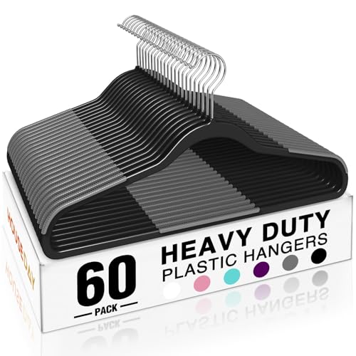 HOUSE DAY Non Slip Plastic Clothes Hangers 60 Pack with Rubber Pads, Black