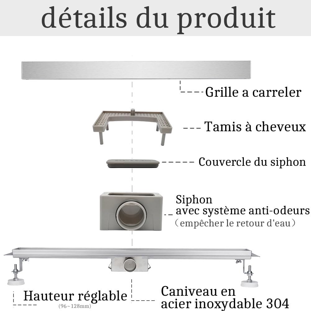 Caniveau de Douche Italienne a Carreler 60 cm Acier Inoxydable Extra Plat Siphon de Sol Douche Italienne pour Salle de Bain