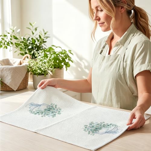 Image of 3 Pcs Eucalyptus Hand Towels 24x14 Inch, Botanical Reusable Dish Towels | Waffle Weave Hand Cloth Tea Towel for Kitchen Farmhouse Decor, Green Leaves Gifts for Women Friend