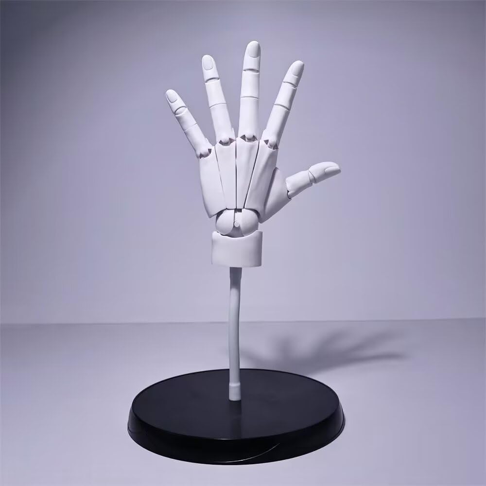 Modèle de main pour dessin, échelle 1:1, main articulée taille réelle avec articulations bioniques, main gauche posable, support et base, pour croquis, peinture, illustration anime, blanc