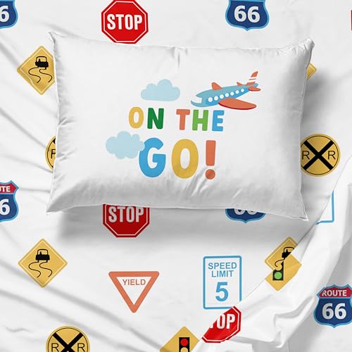 Image of Sunny Side Up On The Go Full Sheet Set - 4 Piece Kids Bedding Set Includes Pillow Cover - Super Soft Vehicles Microfiber Sheets