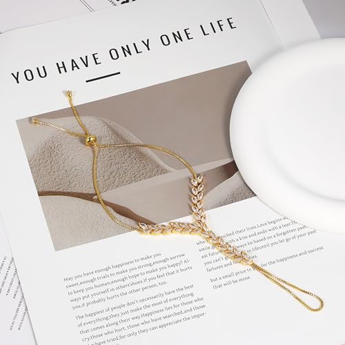 Cubic Zirconia Statement Ring Bracelet for Women,Adjustable Bohemian Slave Bracelet Hand Chain Ring Jewelry for Women4