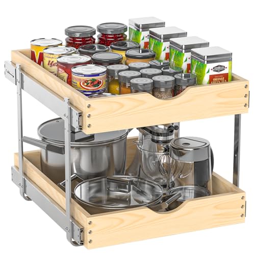 21-Deep-2-Tier-Pull-Out-Cabinet-Organizer-Wood-Pull-Out-Drawers 21" Deep 2-Tier Pull Out Cabinet Organizer - Wood Pull Out Drawers - Image 1