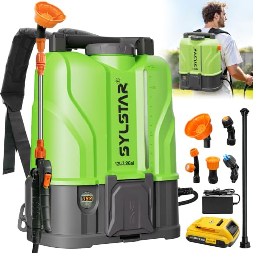 Image of SYLSTAR 12L Battery Powered Knapsack Sprayer, 100PSI Cordless Backpack Sprayer Compatible with DeWalt and Milwaukee 18V Batteries,Weed Sprayer with 5 Nozzles,2 Wand,2.6 Ah Battery for Garden&Lawn Care