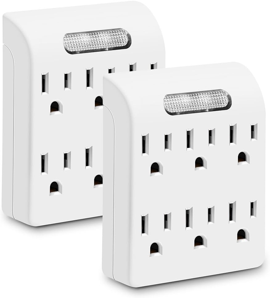 6 Grounded Wall Outlet Tap,Wall Plug Adapter with Sensor Night Indicator Light,Plusmart 6 Outlet Wall Mount Electrical Socket Outlet Extender Perfect for Home and Office Use, ETL Certified