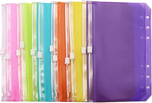 Colorful A6 Binder Pockets 12pcs Zipper Cash Envelopes Pouch Loose Leaf Bags 6 Holes PVC Zip Organizer Folder for Planner Journal Budget Filing
