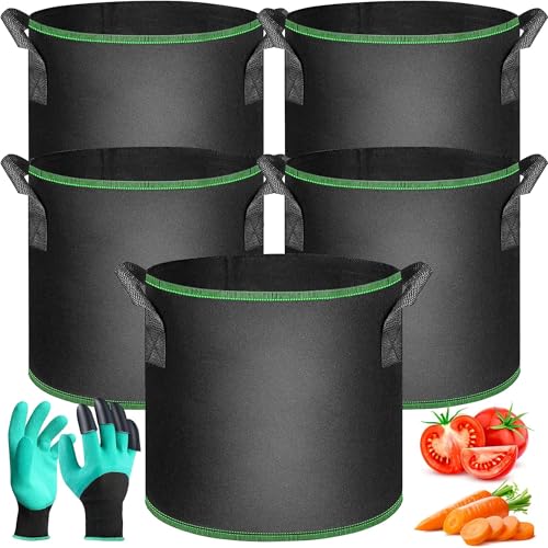 SaiXuan Lot de 5 Sacs de Plantation Noirs 30L pour, Tomates, Carottes, Fraises, Fleurs, Réutilisables avec Poignées Renforcées, Gants de Jardinage, pour...