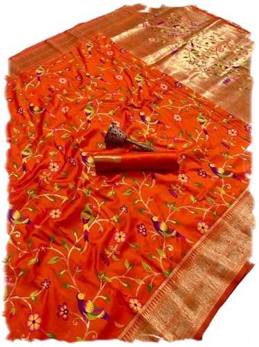 Panzora Woman's Orange Pure Soft Kanchipuram Paithani Silk Saree With Unstitched Blouse Piece.