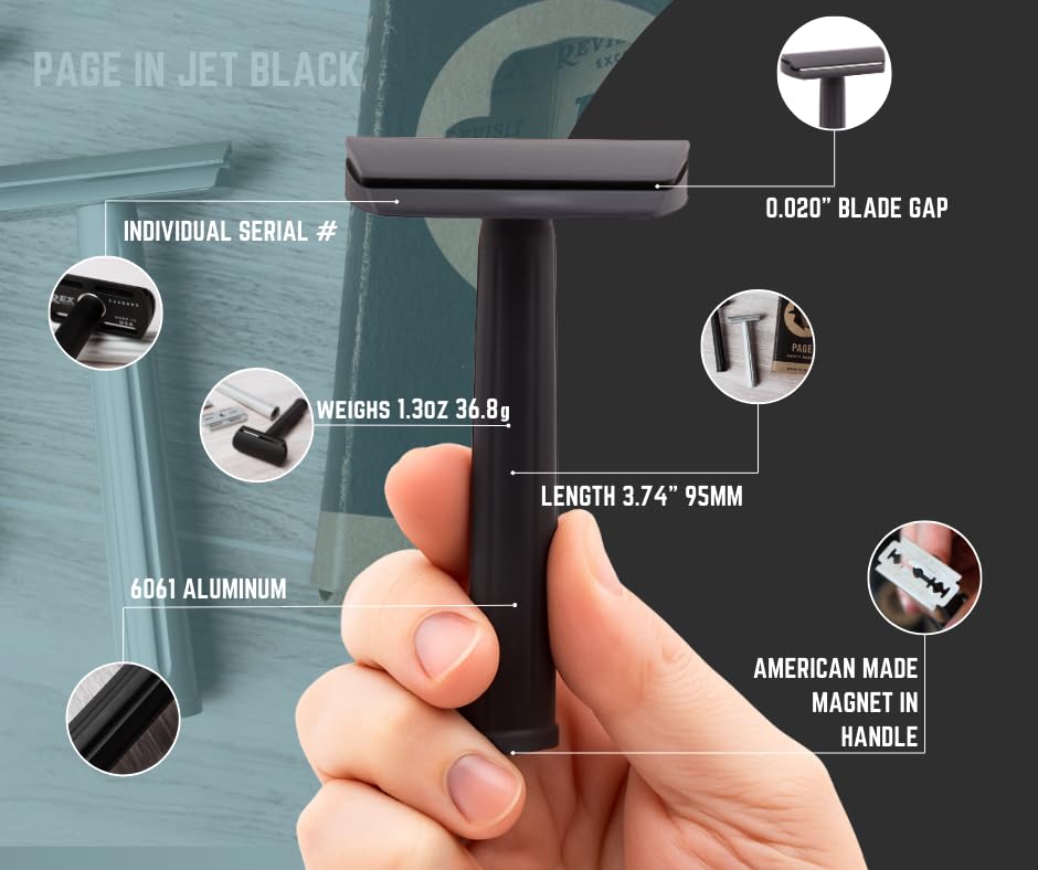 Rex Supply Co. Page Three Piece Double Edge Safety Razor – Aircraft Aluminum Finish, Ultra-Light CNC-Milled Razor For Men, Durable Smooth Shaver Compatible With All Standard DE Blades